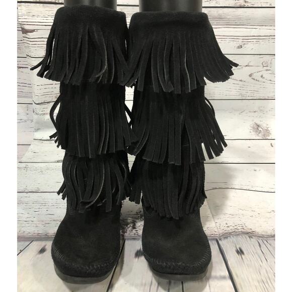 Minnetonka 3-Layer Black Fringe Boot 12" tall cowgirl western size 7 - Picture 5 of 13